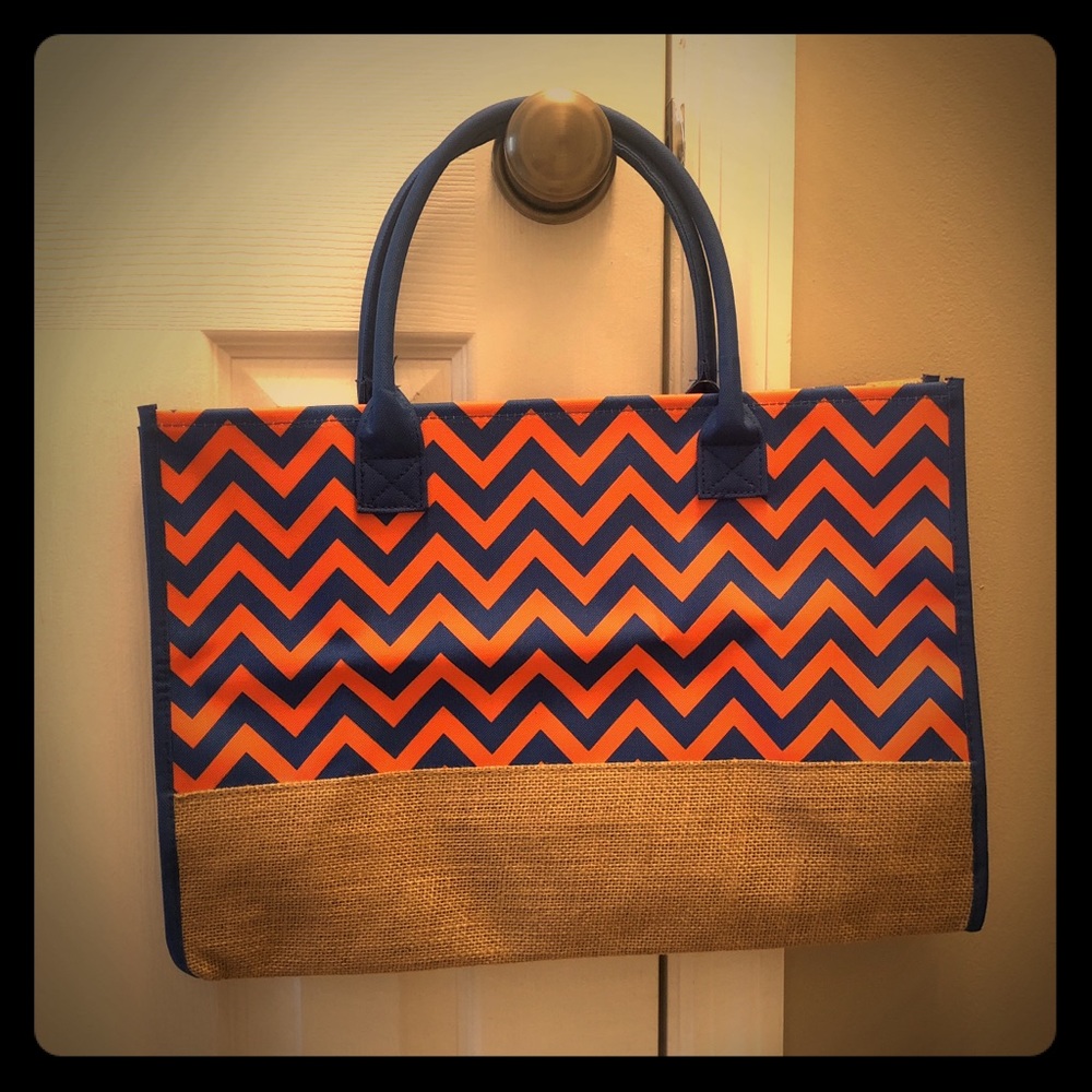 Blue/Orange Chevron Burlap Bag